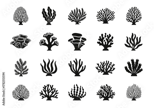 Coral Reef Silhouettes Icons Set Seaweed Underwater Flora Vector Graphics for Nature Design
