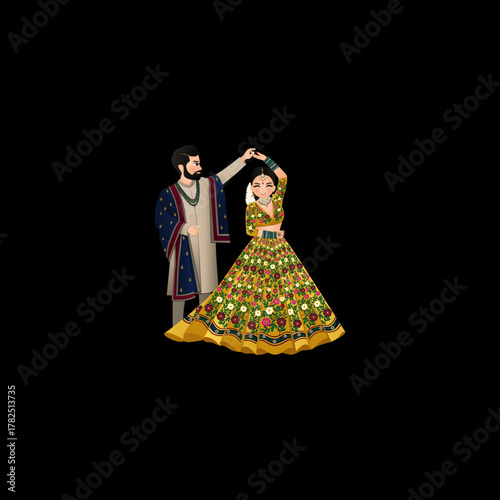 Vector vector cute indian couple cartoon in traditional dress posing for wedding invitation card design