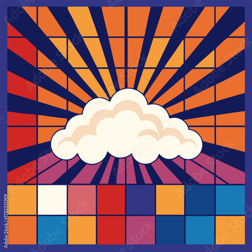 Retro cloudscape with sunburst and colorful squares in a vintage style