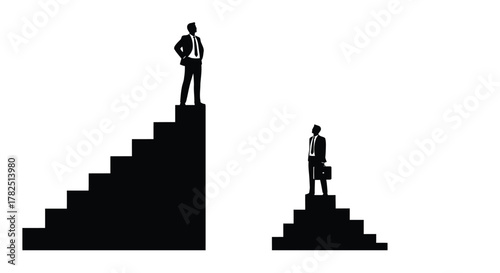 Black silhouette illustration of two business people on staircases