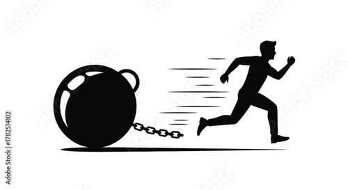 Slika na platnu Man running away from a heavy ball and chain symbolizing burden