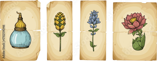 Vintage botanical icon vector set—aged parchment with ornate bottle, lotus, lavender, and thistle for herbal and alchemy compositions