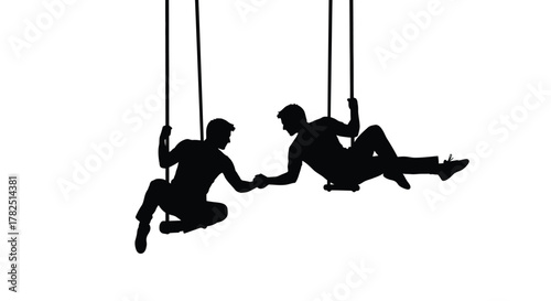 Silhouettes of two people swinging and reaching for each other