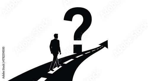 A man walking toward a large question mark on a road