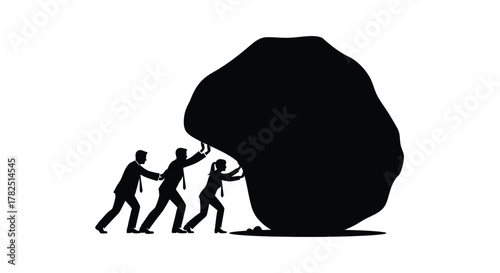 Three silhouettes struggle to push a large dark imposing boulder uphill