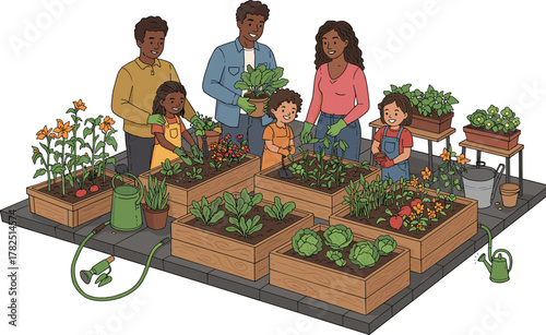 family gardening, raised bed garden, vegetable planting, teamwork outdoors, sustainable living, leafy greens, tomatoes, flowers, harvesting, watering, eco lifestyle