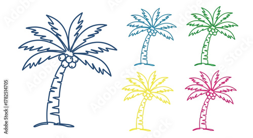 Colorful palm tree sketches with varying styles and vibrant hues