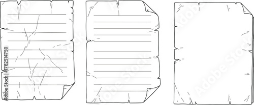 Vintage writing paper icon vector—aged lined and blank sheets with cracks and creases for historical, artistic, and storytelling compositions