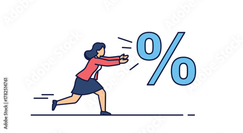 Woman chasing a large percentage sign illustrating sales or discount concepts