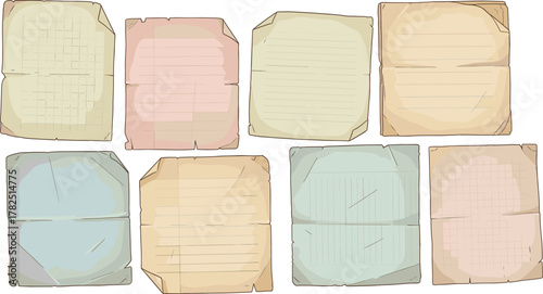 Vintage paper icon vector set—lined, grid, and blank aged sheets with torn edges and stains for creative and historical compositions