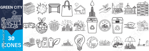 A grid of 30 hand drawn line art icons representing green city concepts and eco friendly themes in a distinctive silhouette style.