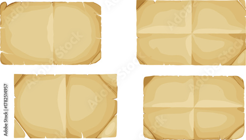 Vintage parchment icon vector set—creased and torn-edge aged sheets for historical, artistic, and storytelling-themed compositions