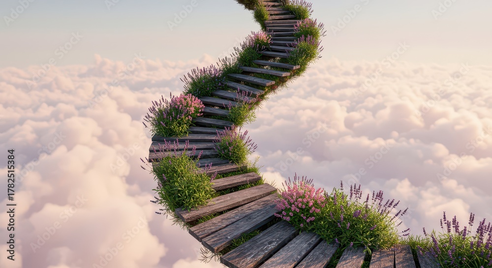 Obraz premium Winding wooden stairway covered with blooming lavender ascends into a pale sky above dense clouds