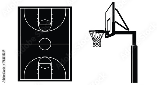 Simple black and white illustration of a basketball court and hoop