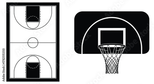 Black and white illustrations depict basketball court and hoop outlines clearly