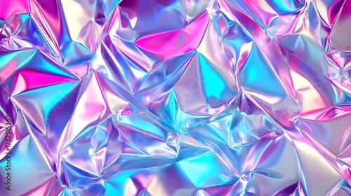 Intense colorful highlights reflect across a deeply creased metallic surface texture