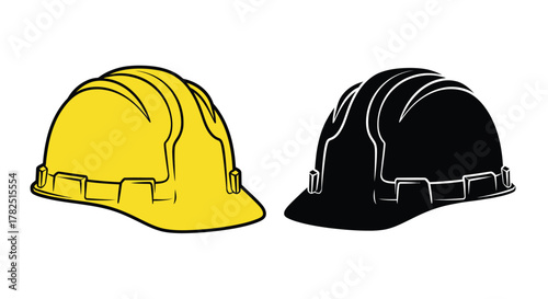 Two construction helmets one yellow and one black side by side