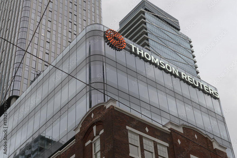 Naklejka premium Thomson Reuters building, located at 19 Duncan St, designed by Hariri Pontarini Architects, with heritage work by ERA Architects, 2023, Toronto