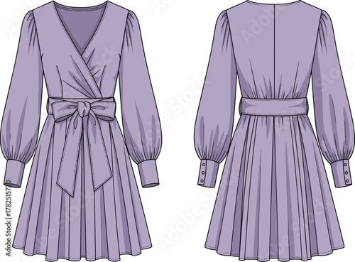 Wrap-style dress illustration, V-neckline, bishop sleeves, sash belt, flared skirt, fashion sketch, garment construction, front and back view, clothing template, vector drawing