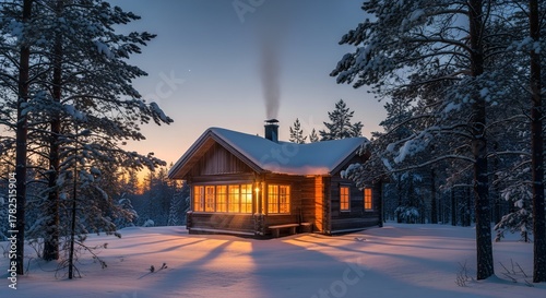 This idyllic wooden cabin, a charming architectural gem, warmly illuminates the frosty winter landscape, nestled peacefully within a snow-covered evergreen forest