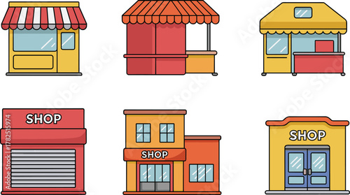 Vector illustration of six colorful storefronts including market stall, shutter shop, two-story buildings, striped awnings, and urban retail facades