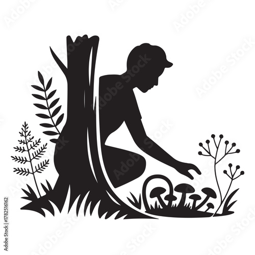 Silhouette of a child picking mushrooms in the forest isolated on white background