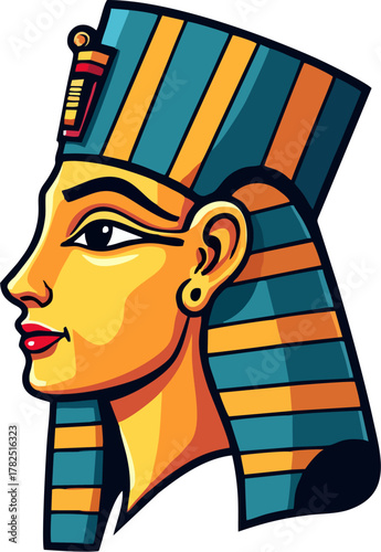 Ancient Egyptian Pharaoh Mask Side Profile Vector – Blue and Gold Nemes Headdress, Flat Cartoon