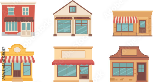 Vector illustration of six colorful storefronts with unique architectural styles, awnings, windows, doors, and decorative urban retail facades