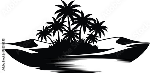 Tropical Oasis Silhouette Vector Illustration with Palm Trees and Water Reflection Ideal for Summer Designs