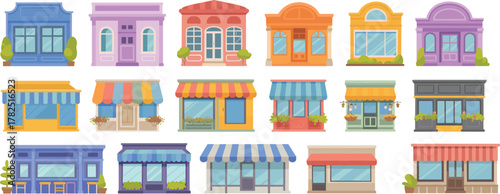 Vector illustration of sixteen colorful storefronts with unique architectural styles, windows, awnings, plants, and decorative urban retail facades