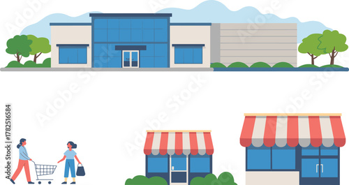Vector illustration of supermarket, small retail shops, and shoppers with carts and bags in urban setting with trees and striped awnings