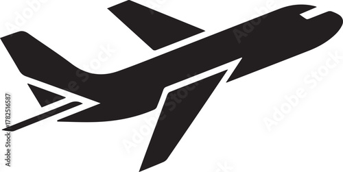 Airplane icon representing air travel, passenger flights, global transportation, international journeys, and airport departures symbol. Vector
