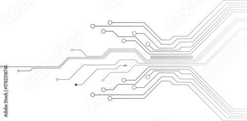 Grey electronic motherboard pathways and connections on a white background representing digital technology and data flow.