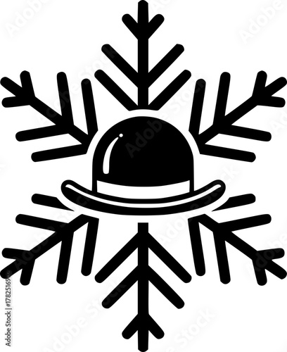 A stylish black bowler hat located in the center of a snowflake. An unusual combination of gentlemanly style and winter atmosphere.