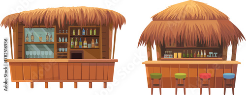 Vector illustration of two tropical tiki bars with thatched roofs, stools, liquor bottles, glasses, and beach-style wooden bar setup