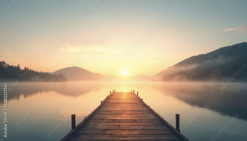 Fototapeta premium Wooden pier extends over calm lake water at misty sunrise. Mountains and forest silhouette in soft morning fog light. Peaceful nature scene.