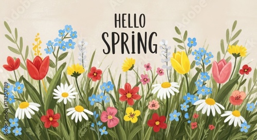 A colorful spring flower meadow with tulips, daisies, forgetmenots and other wildflowers in a cheerful and vibrant illustration