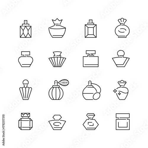 Vector line set of icons related with perfume bottle. Contains monochrome icons like glasses, spray, cosmetic, fragrance and more. Simple outline sign.