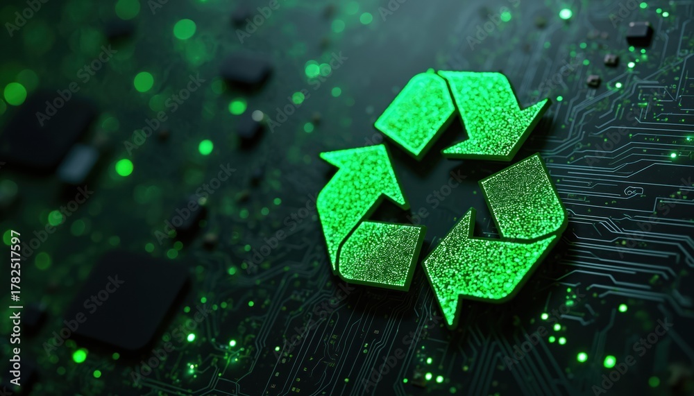 Obraz premium Green recycle icon on tech circuit board. Recycle symbol with digital texture, modern tech feeling. Electronic waste management, sustainable future. Tech firms and eco activists can use it.