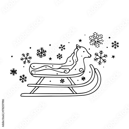 Abstract Monoline Winter Symbol with Sleigh Tracks and Snowflakes