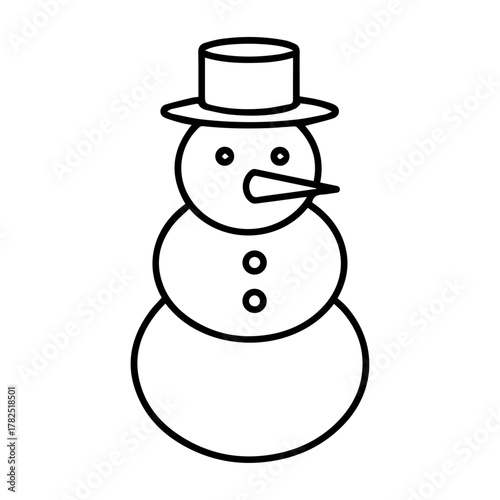 Snowman Line Art Icon with Hat and Carrot Nose, Simple and Clean