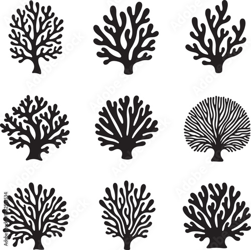 set of coral silhouette vector, sea corals and seaweed, diverse coral species vector, coral reef silhouette vector illustration 
