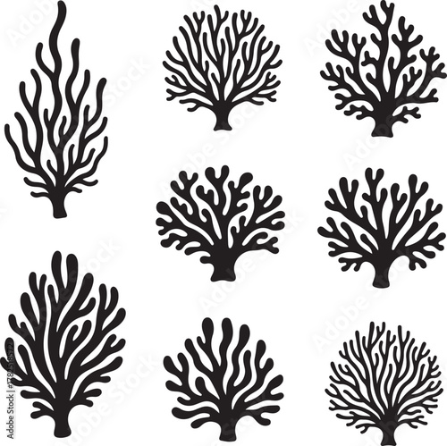 set of coral silhouette vector, sea corals and seaweed, diverse coral species vector, coral reef silhouette vector illustration 