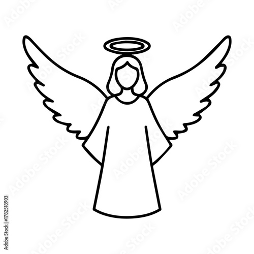 Elegant Angel Silhouette Line Icon with Wings and Halo