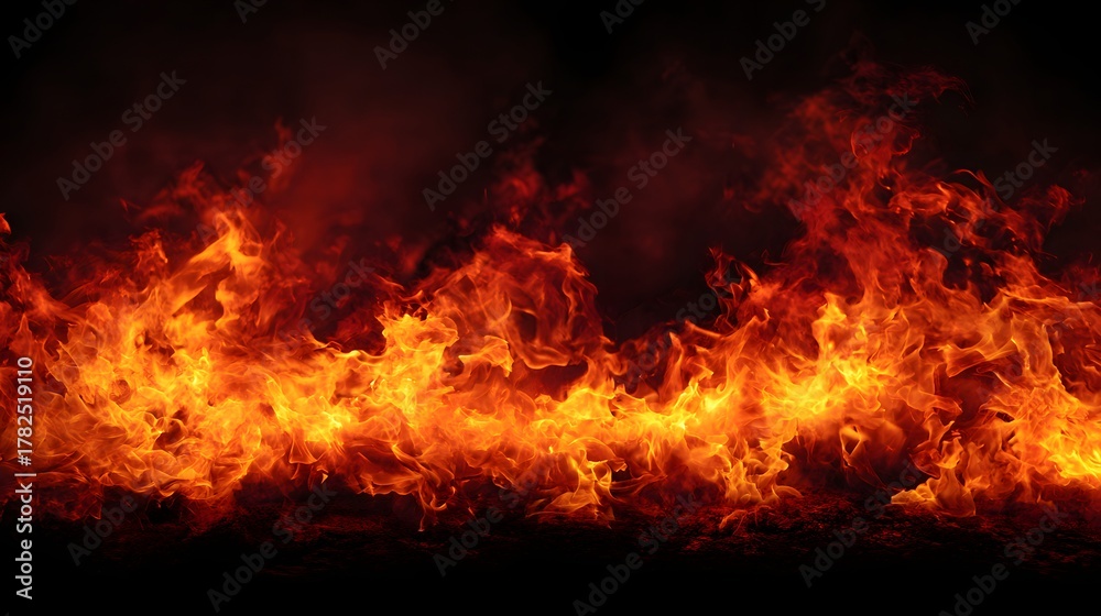 Fototapeta premium Intense, bright orange and yellow flames burn across a dark background creating a dynamic border effect.