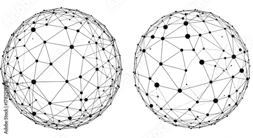 Two geometric spheres constructed from interconnected nodes and lines displayed clearly