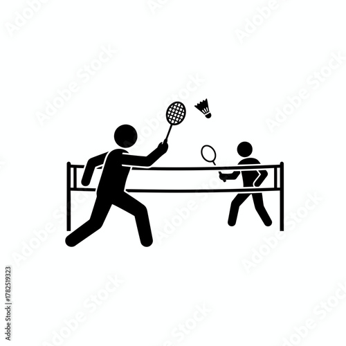 Badminton Players Icon Playing Match with Shuttlecock and Rackets Minimal Vector Illustration