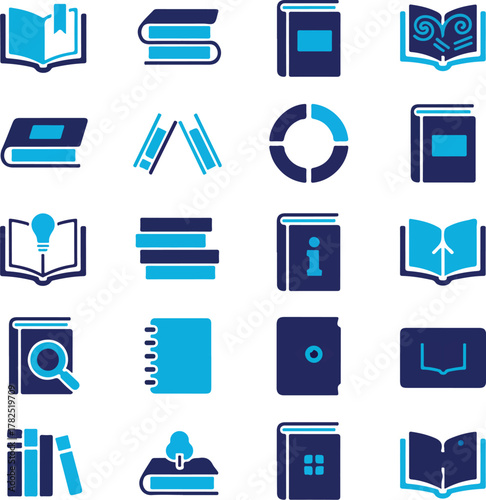 Set of 20 blue book-themed icons including open books, info symbols, and magnifiers, vector concept for education and research