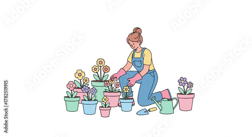 Happy woman gardening, planting vibrant flowers in colorful pots, enjoying a peaceful outdoor hobby, nurturing plants with care and passion, illustration for spring and nature concepts