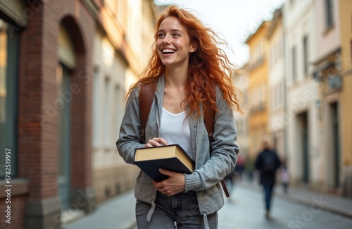 Redhead student girl with books walks happily down city street. She carries backpack, wears grey hoodie, jeans. Young woman with auburn wavy hair smiles looking aside.